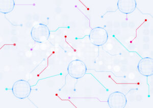 Cyber Threat abstract visual, with light grey background, blue circles and green or red lines between the circles