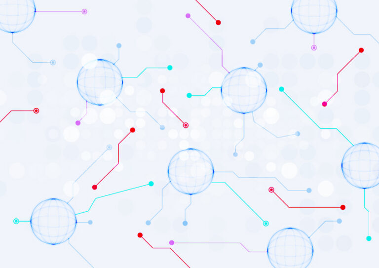 Cyber Threat abstract visual, with light grey background, blue circles and green or red lines between the circles