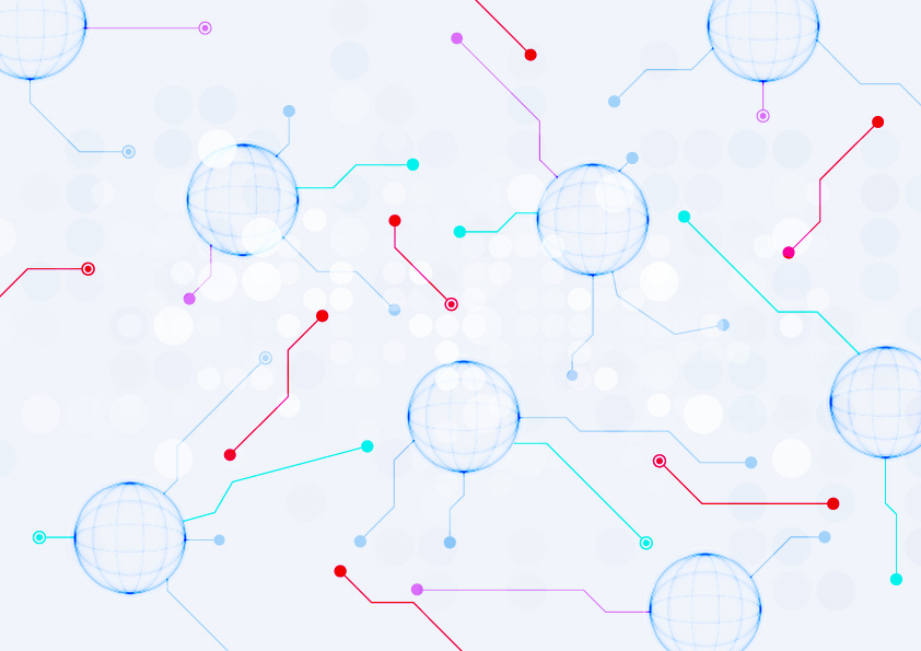 Cyber Threat abstract visual, with light grey background, blue circles and green or red lines between the circles