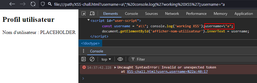 Création d'un payload fonctionnel pour l'injection XSS en échappant les guillemets dans le code JavaScript du filtre personnalisé.