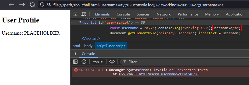 Crafting a functional payload for XSS injection by escaping the string in the JavaScript code of the custom filter.