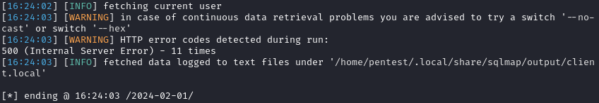 SQLMap failing to retrieve data during information extraction, due to server errors